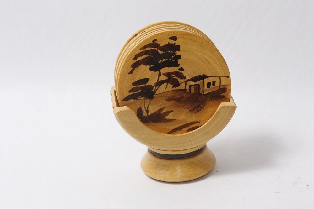 Tiki 70s Tropical Hand Painted Round Wooden Coasters Set of 6 with Holder ~ 260